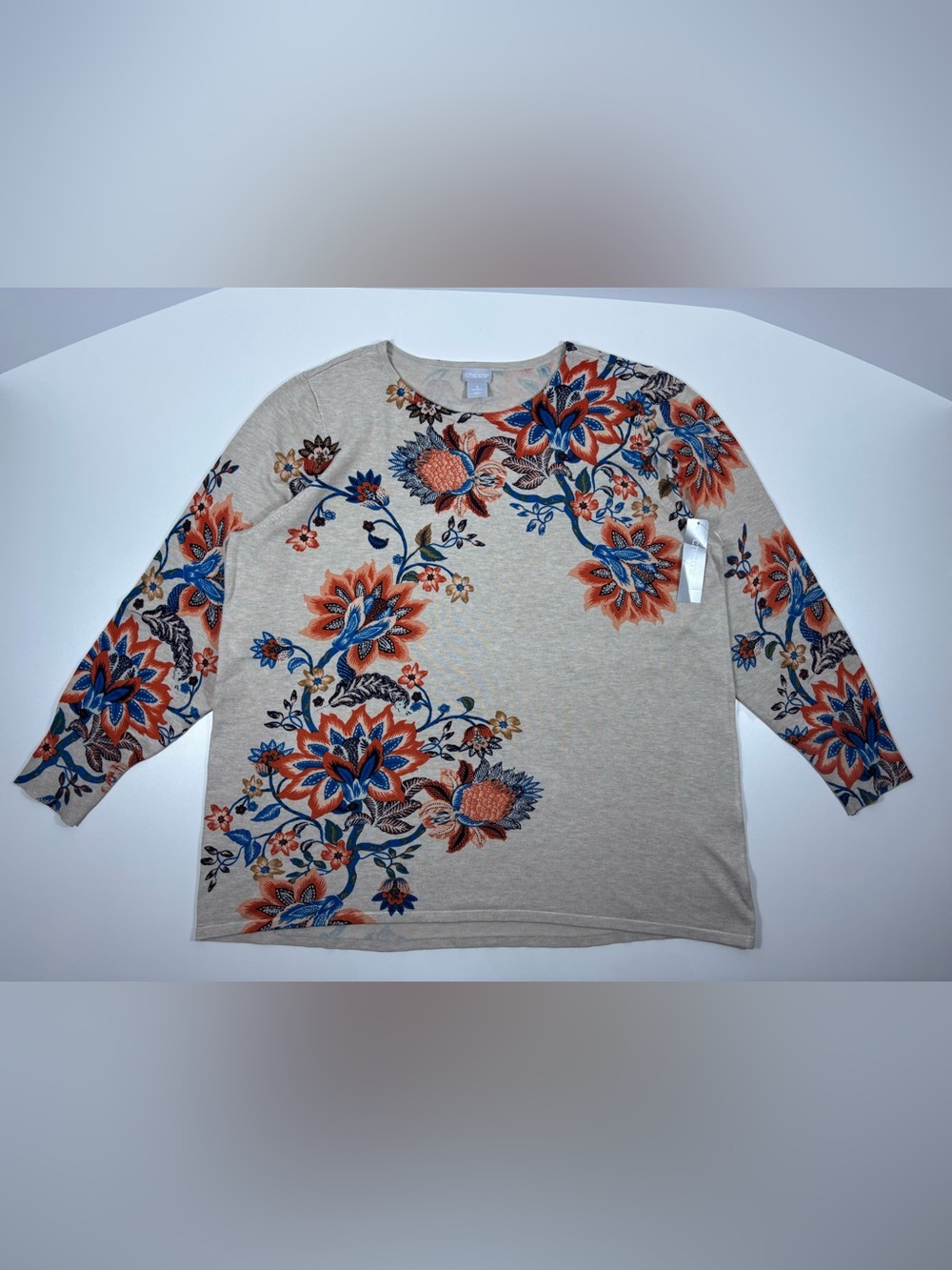 Chico’s Floral Crewneck Pullover Sweater Heather Oatmeal XL Size 3 NWT